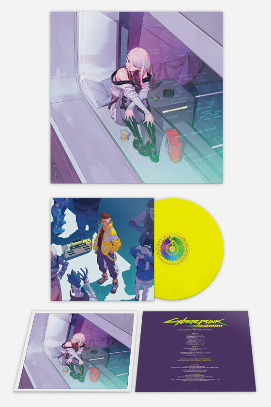 Front side of the LP cover featuring Lucy from Cyberpunk Edgerunners, seated by a window and gazing outside. Second picture displays an artwork of the protagonist, David, with the LP in bright yellow color peeking out to the right from the cover. Third image showcases both the front and back sides of the LP cover. The front side features artwork of Lucy from Cyberpunk Edgerunners, while the backside reveals the tracklist.