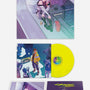 Front side of the LP cover featuring Lucy from Cyberpunk Edgerunners, seated by a window and gazing outside. Second picture displays an artwork of the protagonist, David, with the LP in bright yellow color peeking out to the right from the cover. Third image showcases both the front and back sides of the LP cover. The front side features artwork of Lucy from Cyberpunk Edgerunners, while the backside reveals the tracklist.